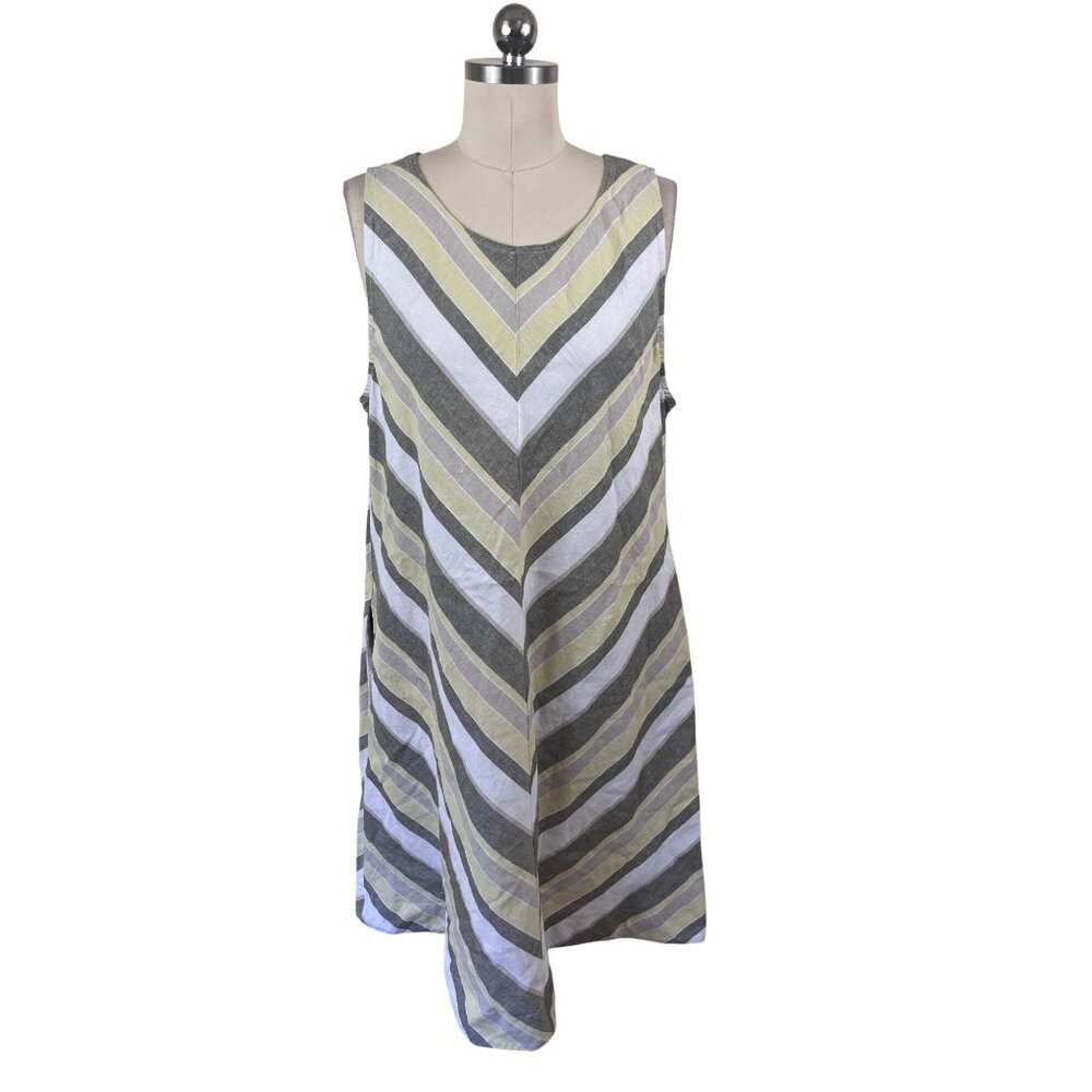 Liz Claiborne Linen Shift Dress Womens Large Yellow Chevron Resort Chic Beachy